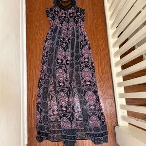 Free People Black Pink Paisley Lace Open Back Maxi Dress Sleeveless Boho Summer